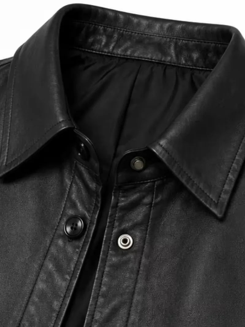 Women's black sheepskin leather shirt jacket, zip and closure detail