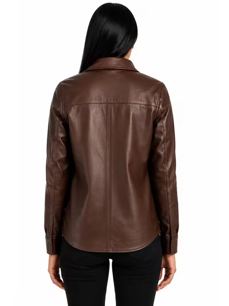 Women's black sheepskin leather shirt jacket, collar detail