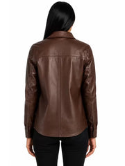 Women's black sheepskin leather shirt jacket, collar detail