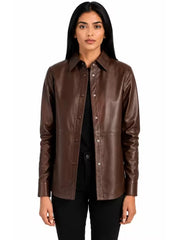 Women's black sheepskin leather shirt jacket, side view
