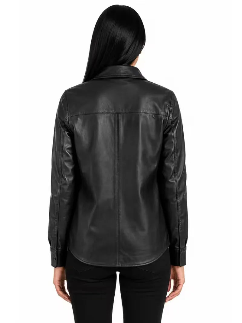 Women's black sheepskin leather shirt jacket, back view