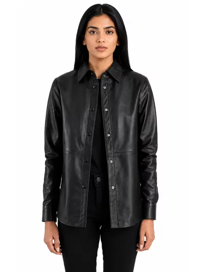 Women's black sheepskin leather shirt jacket, front view
