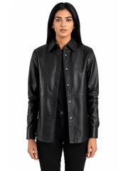 Women's black sheepskin leather shirt jacket, front view