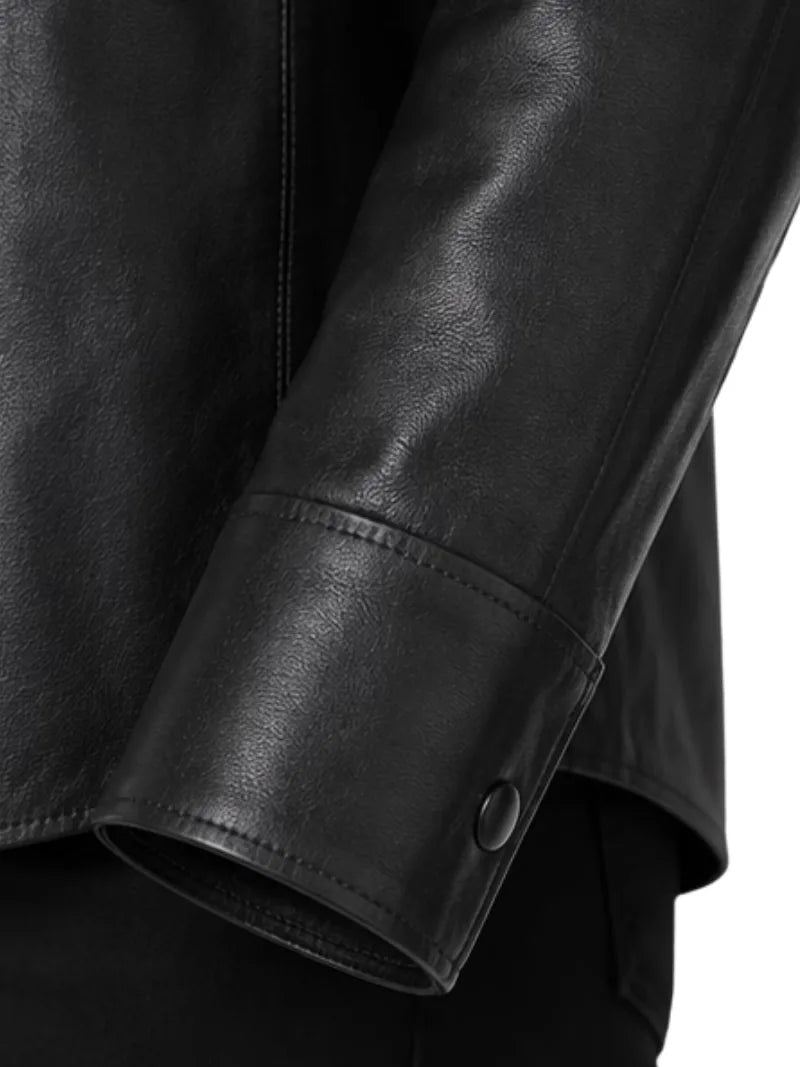 Women's black sheepskin leather shirt jacket, lining detail