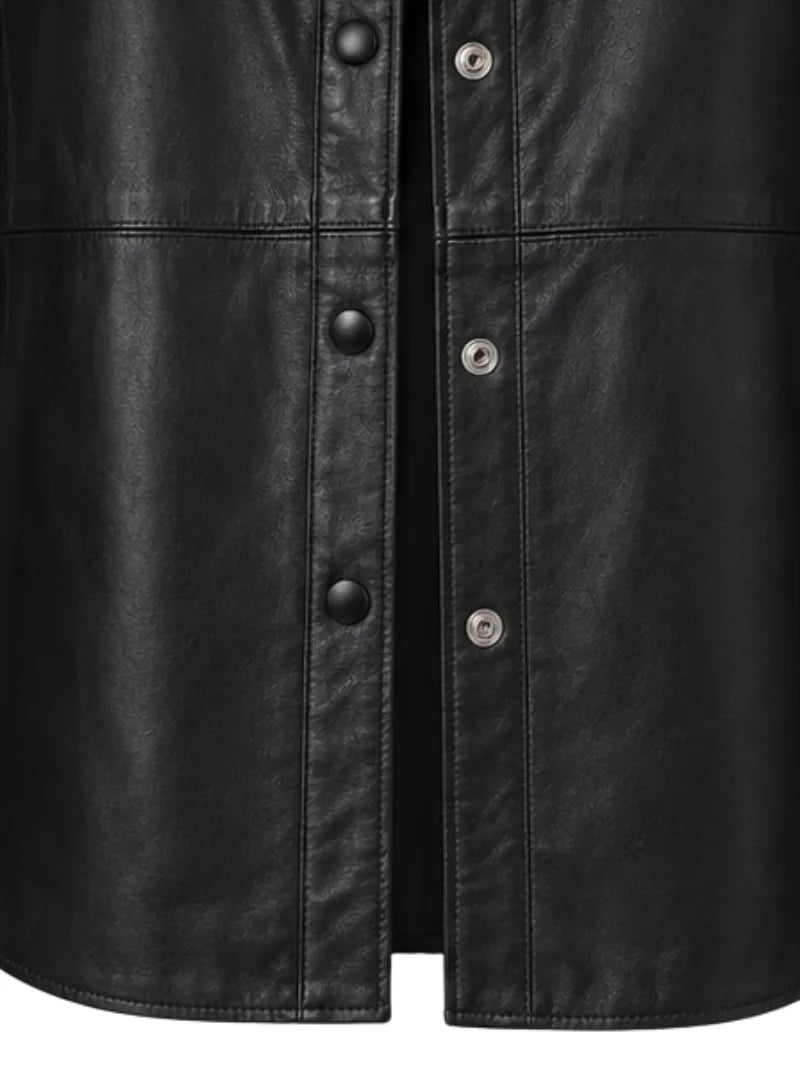 Women's black sheepskin leather shirt jacket, pocket detail