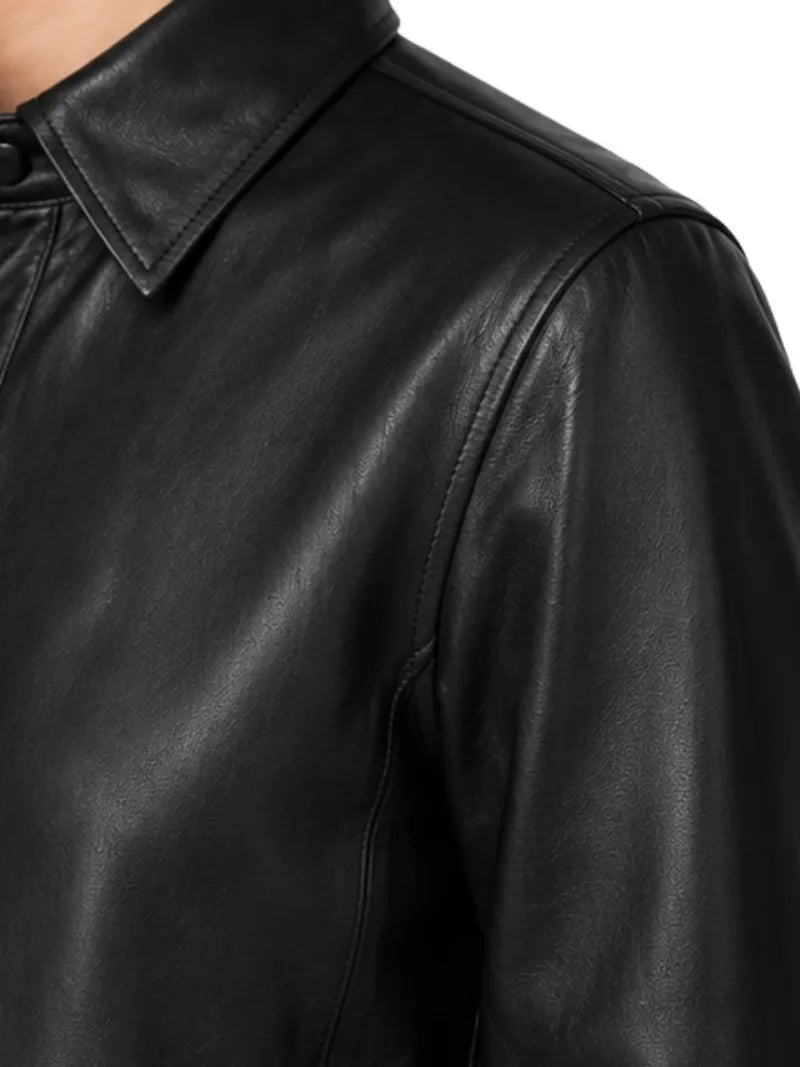 Women's black sheepskin leather shirt jacket, cuff detail