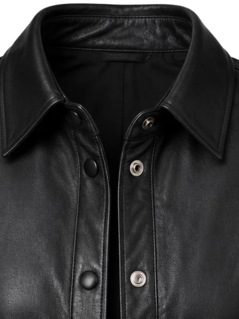 Women's black sheepskin leather shirt jacket, zip and closure detail