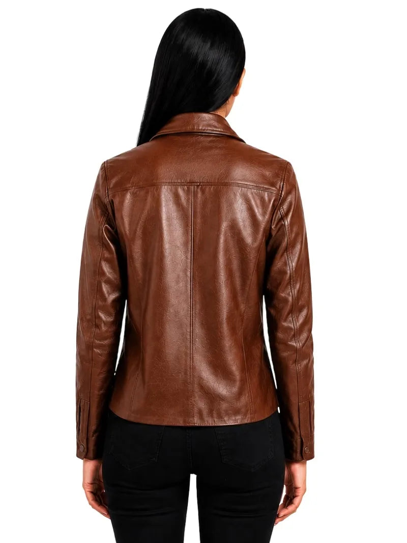 Women's black sheepskin leather shirt jacket, collar detail