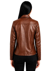 Women's black sheepskin leather shirt jacket, collar detail