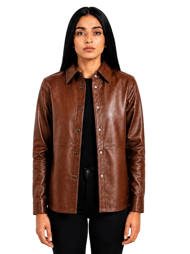 Women's black sheepskin leather shirt jacket, side view