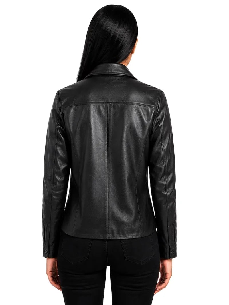 Women's black sheepskin leather shirt jacket, back view