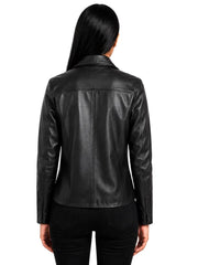 Women's black sheepskin leather shirt jacket, back view