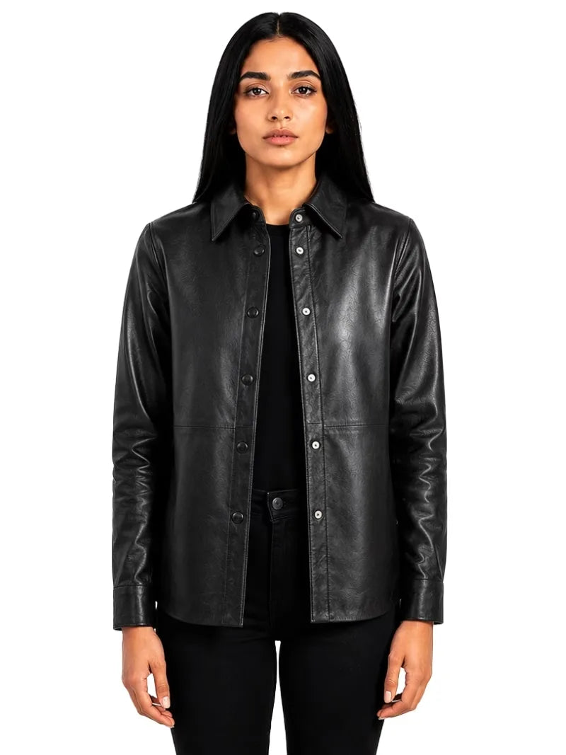 Women's black sheepskin leather shirt jacket, front view