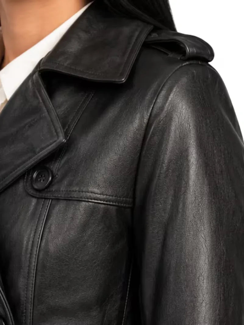 Women's black sheepskin leather trench coat, lining detail