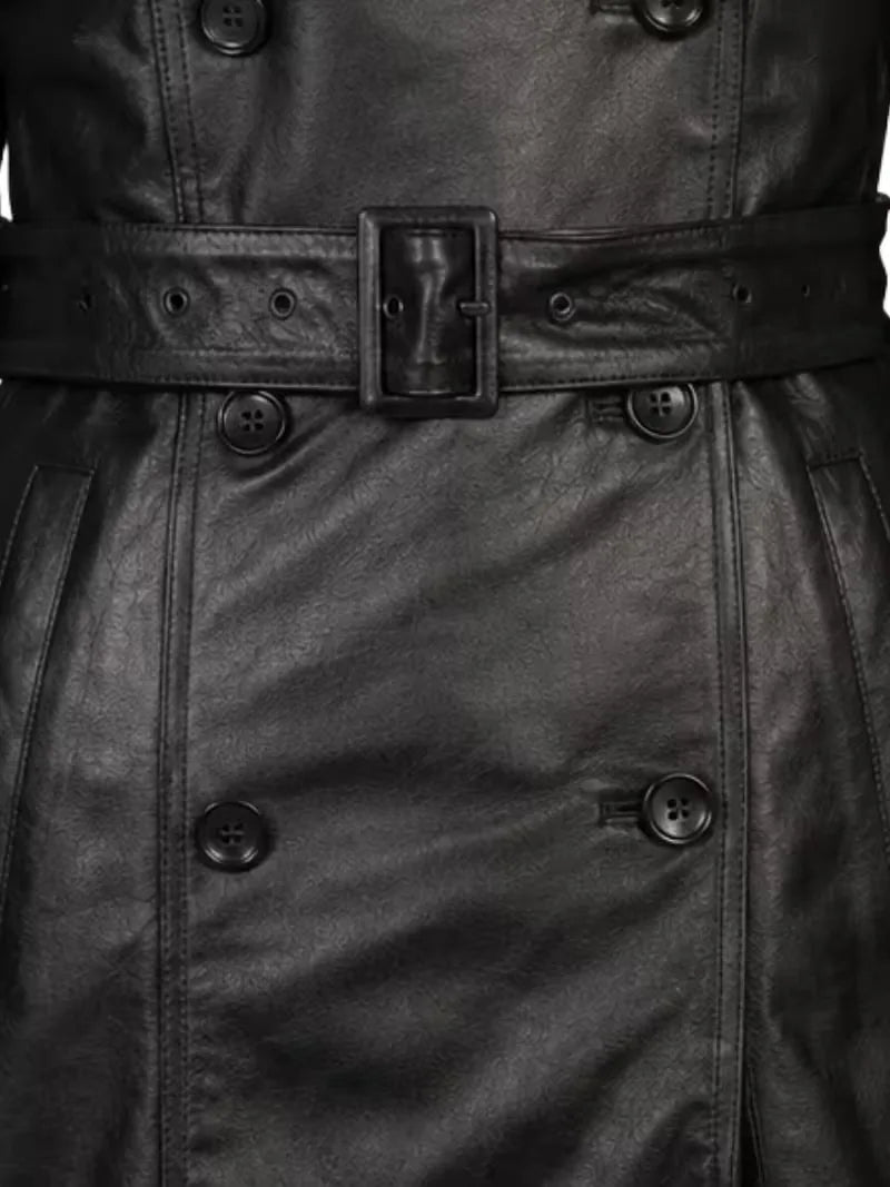 Women's black sheepskin leather trench coat, pocket detail