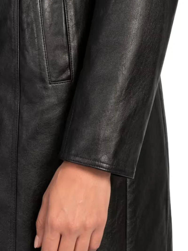Women's black sheepskin leather trench coat, cuff detail