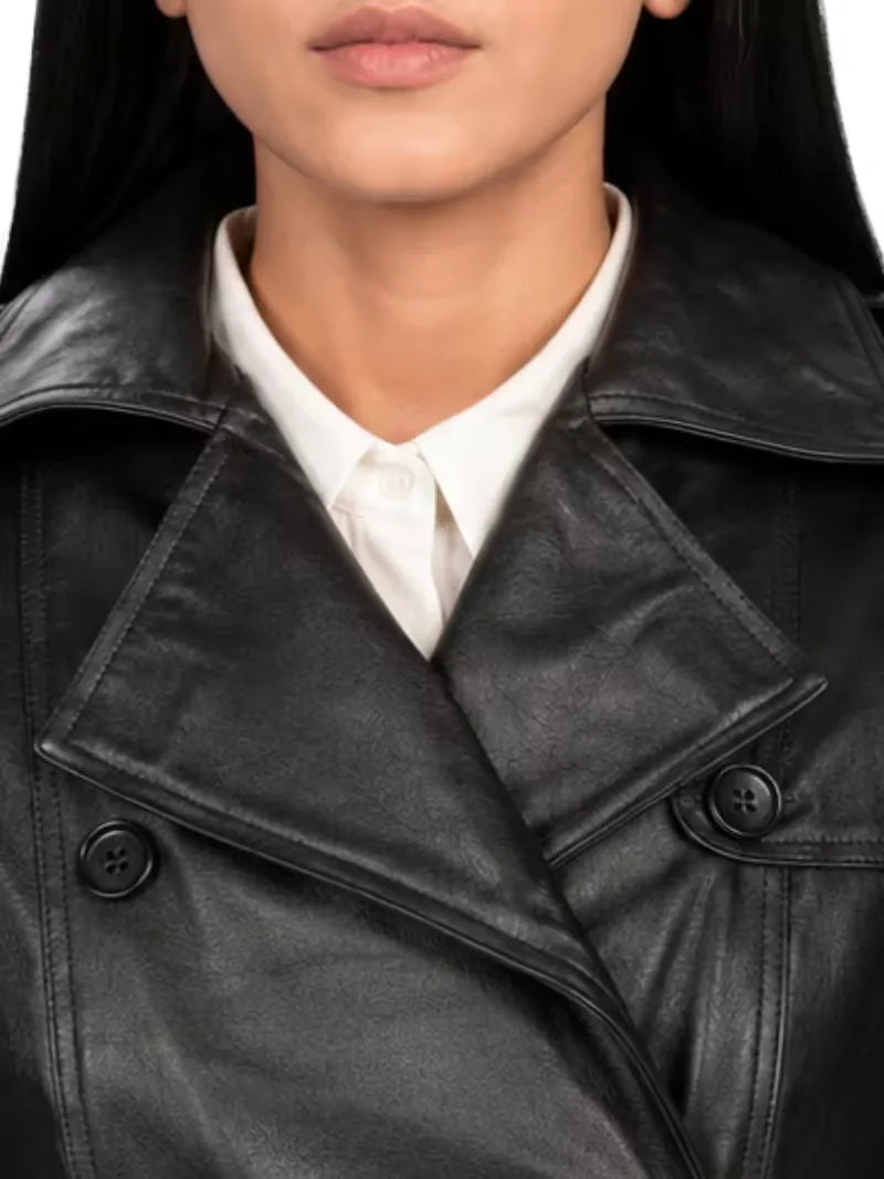 Women's black sheepskin leather trench coat, zip and closure detail