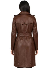Women's black sheepskin leather trench coat, collar detail