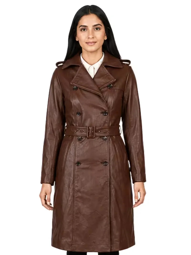 Women's black sheepskin leather trench coat, side view