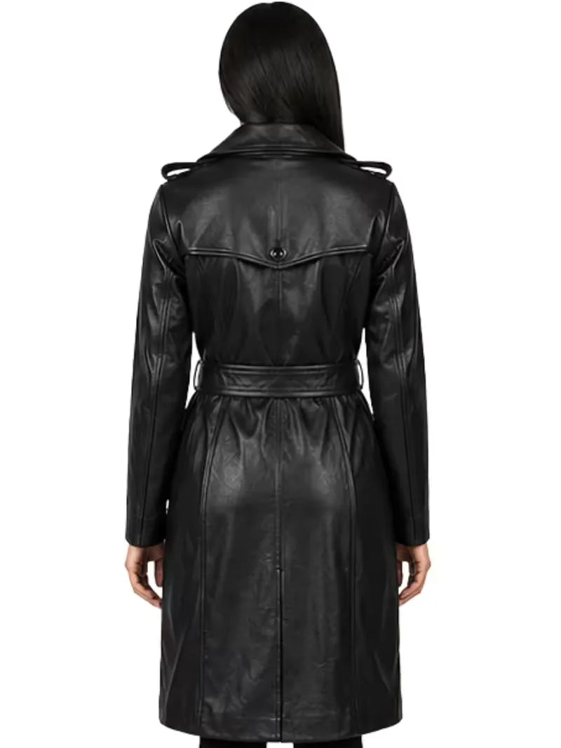 Women's black sheepskin leather trench coat, back view