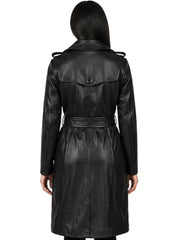 Women's black sheepskin leather trench coat, back view