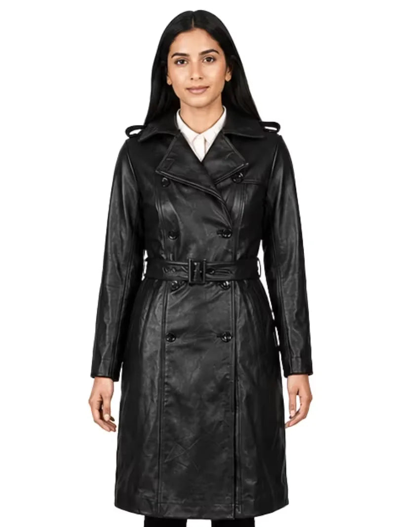 Women's black sheepskin leather trench coat, front view