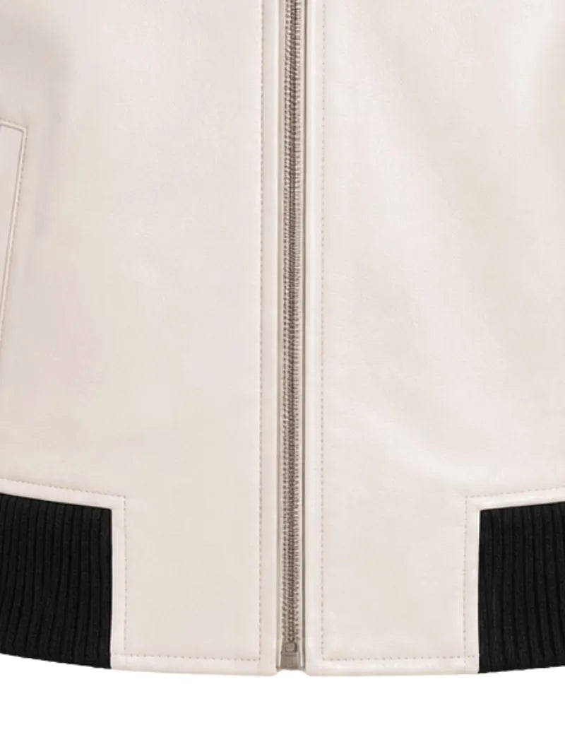 Women's sheepskin leather varsity jacket, pocket detail