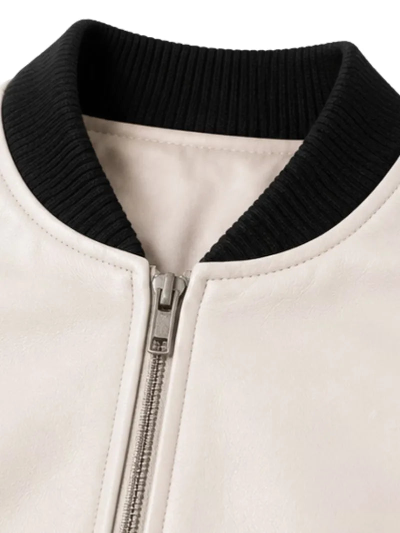 Women's sheepskin leather varsity jacket, zip and closure detail