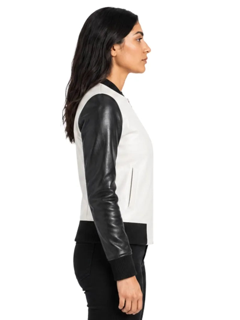 Women's sheepskin leather varsity jacket, side view