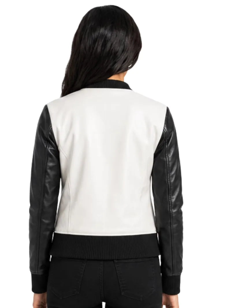 Women's sheepskin leather varsity jacket, back view
