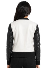 Women's sheepskin leather varsity jacket, back view