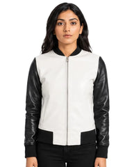 Women's sheepskin leather varsity jacket, front view