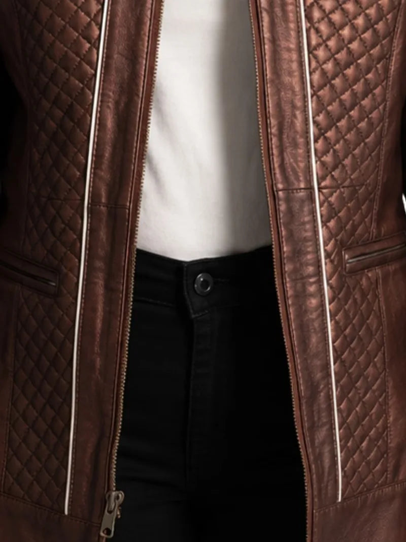 Women's burgundy cowhide leather jacket, pocket detail
