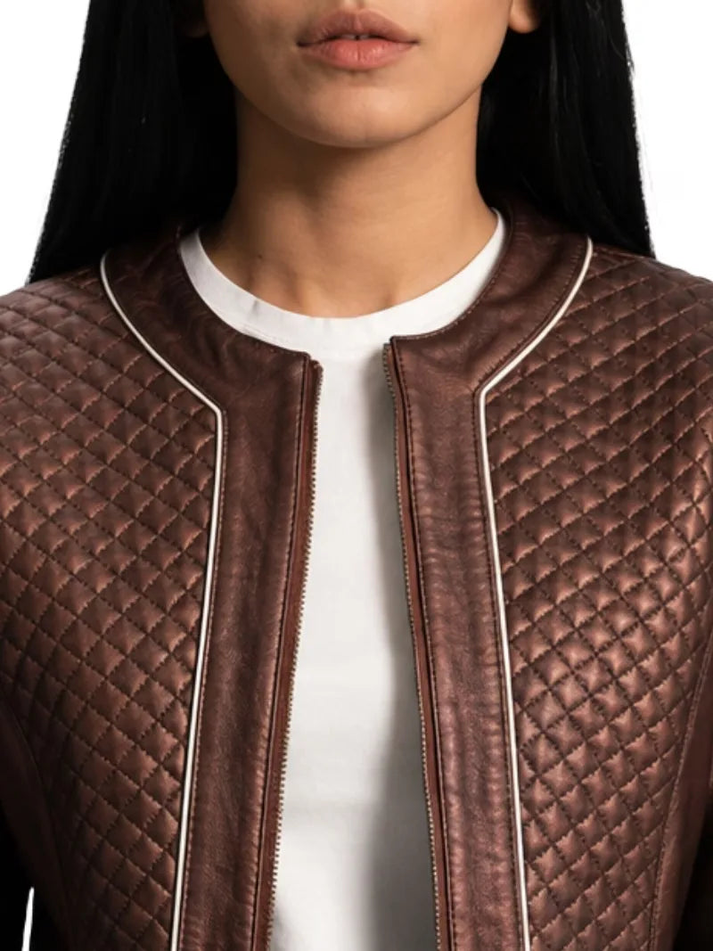 Women's burgundy cowhide leather jacket, zip and closure detail