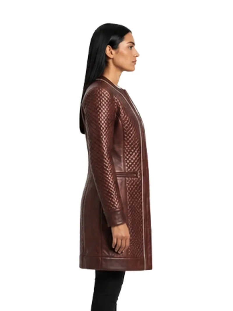 Women's burgundy cowhide leather jacket, side view