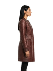 Women's burgundy cowhide leather jacket, side view