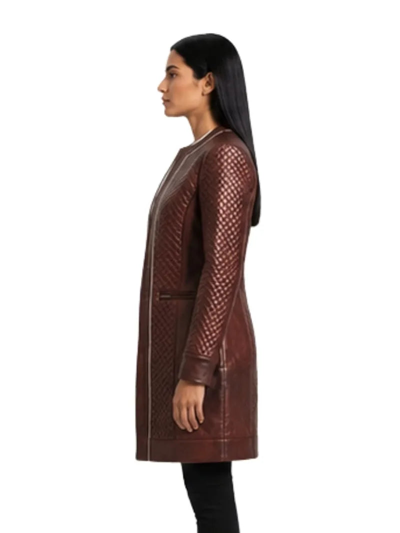 Women's burgundy cowhide leather jacket, collar detail