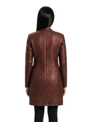Women's burgundy cowhide leather jacket, back view