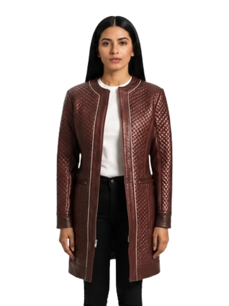 Women's burgundy cowhide leather jacket, front view