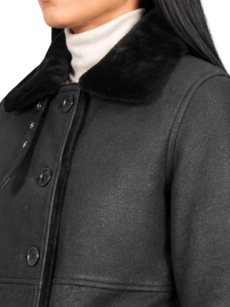 Women's black leather shearling leather jacket, cuff detail