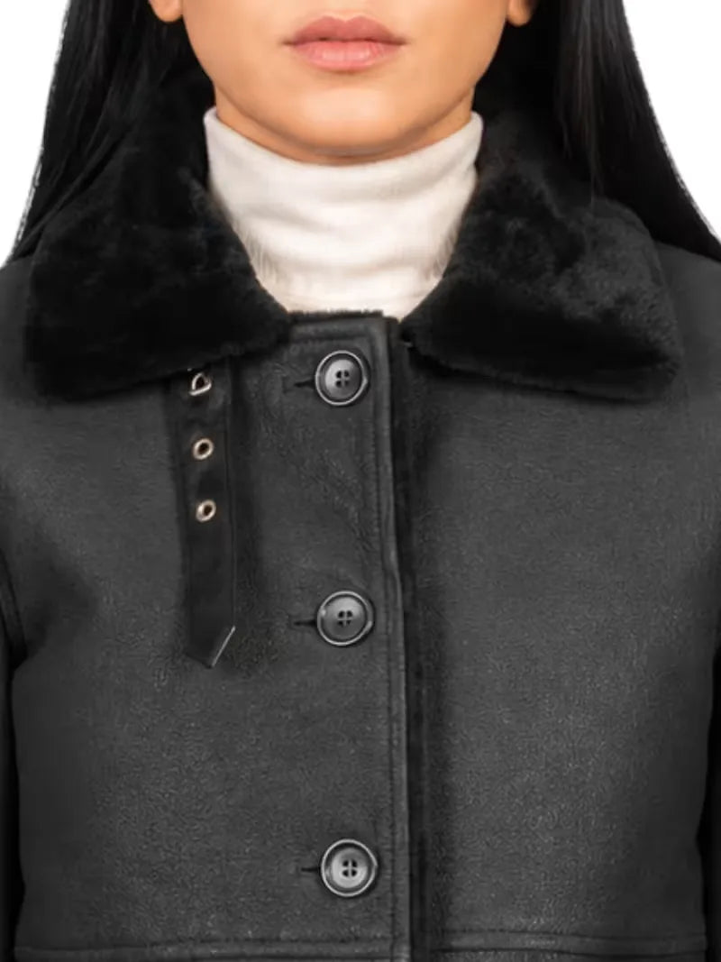 Women's black leather shearling leather jacket, zip and closure detail