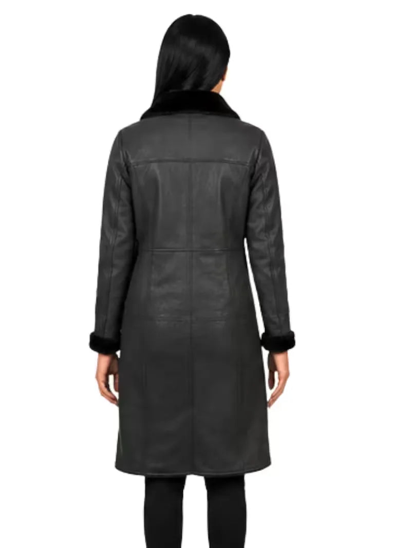 Women's black leather shearling leather jacket, back view