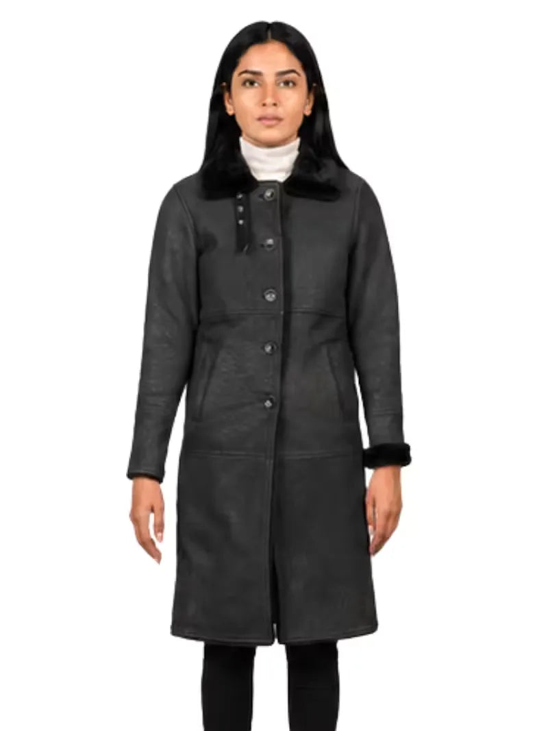 Women's black leather shearling leather jacket, front view