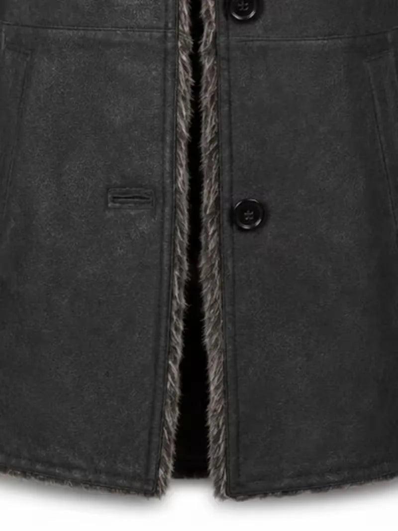 Women's black leather shearling leather jacket, pocket detail
