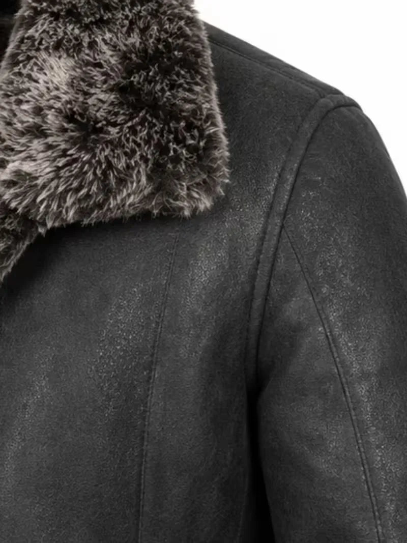 Women's black leather shearling leather jacket, cuff detail