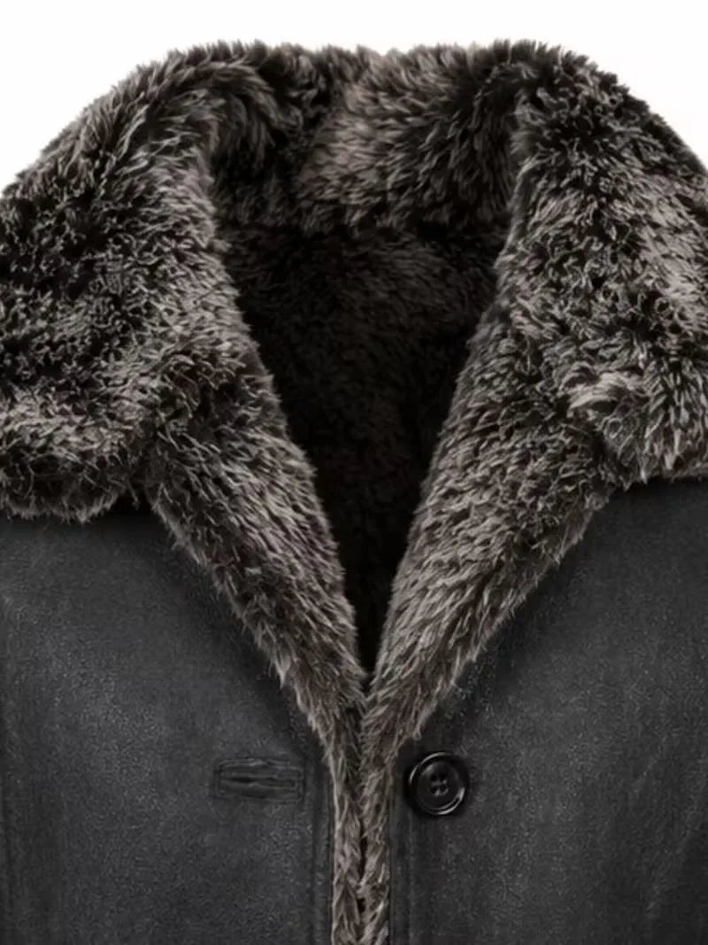Women's black leather shearling leather jacket, zip and closure detail
