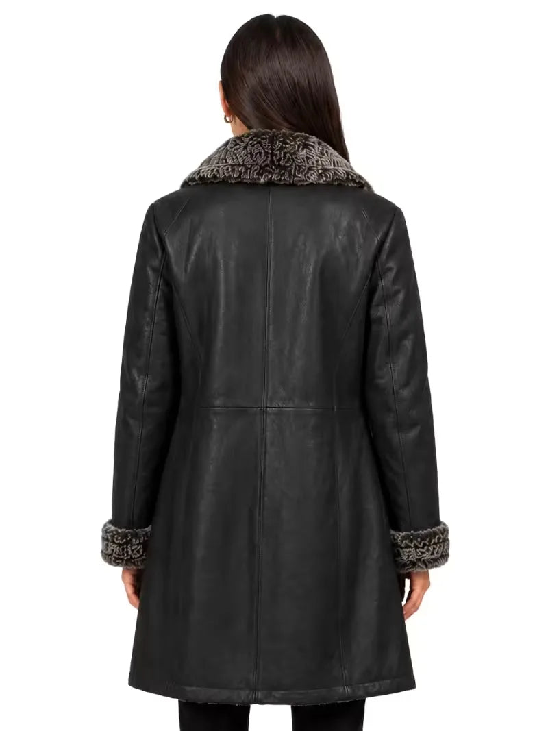 Women's black leather shearling leather jacket, back view