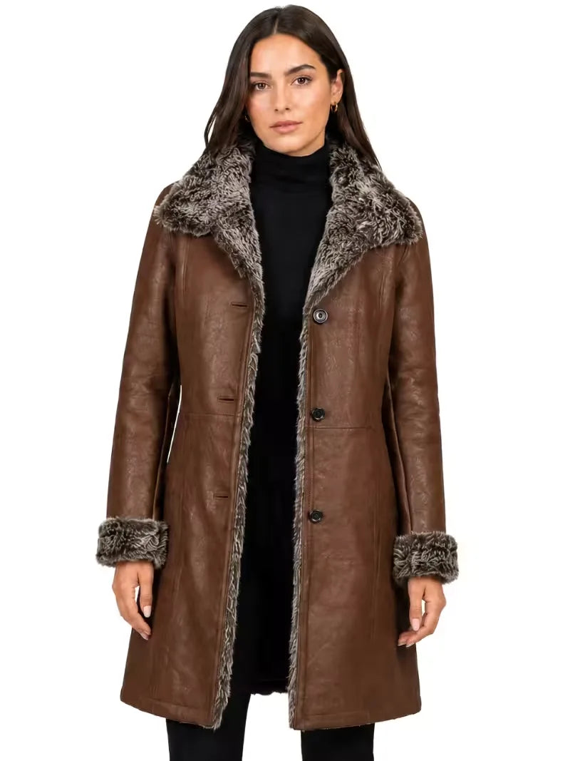 Women's black leather shearling leather jacket, side view