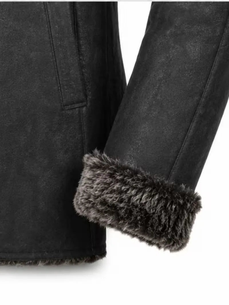 Women's black leather shearling leather jacket, lining detail