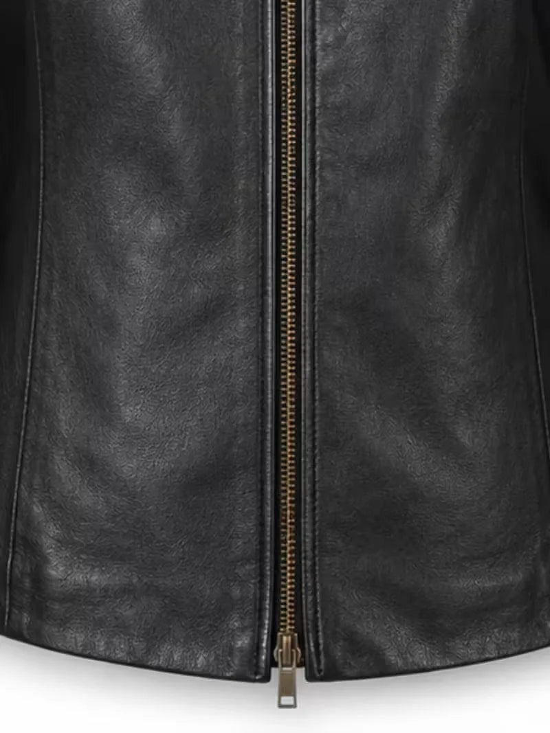 Women's black sheepskin leather jacket, cuff detail
